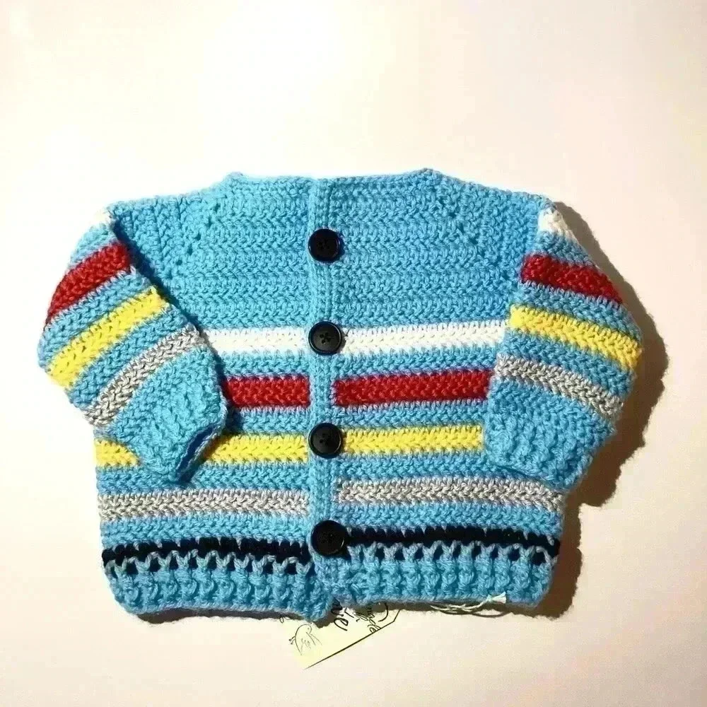 HANDMADE BLUE& red, white black stripes Baby sweater Cardigan  0-12months old